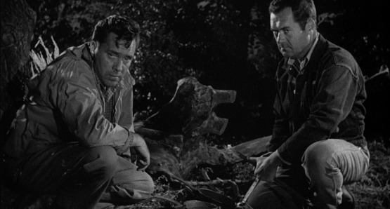 Roy (Edmund O'Brien) and Gilbert (Frank Lovejoy) are pushed to their limits by the relentless Emmett (William Talman) in Ida Lupino's THE HITCH-HIKER.