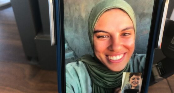 Fatma Hassona and Sepideh Farsi in a scene from PUT YOUR SOUL ON YOUR HAND AND WALK. A Kino Lorber release.